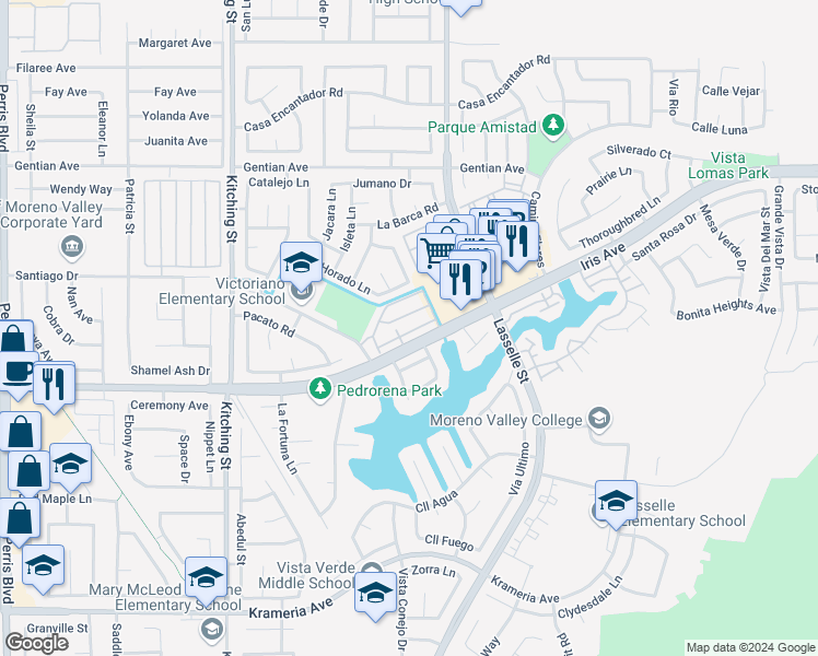 map of restaurants, bars, coffee shops, grocery stores, and more near 25870 Iris Avenue in Moreno Valley