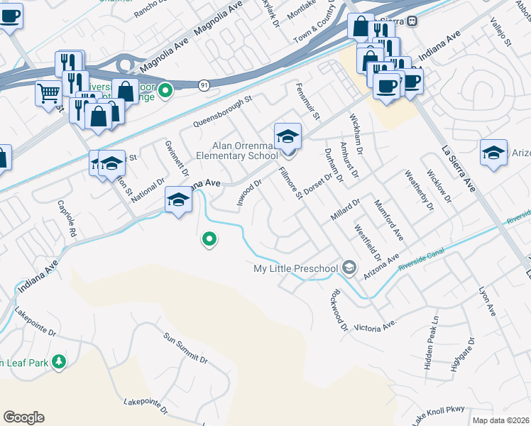 map of restaurants, bars, coffee shops, grocery stores, and more near 3330 Fanwood Court in Riverside