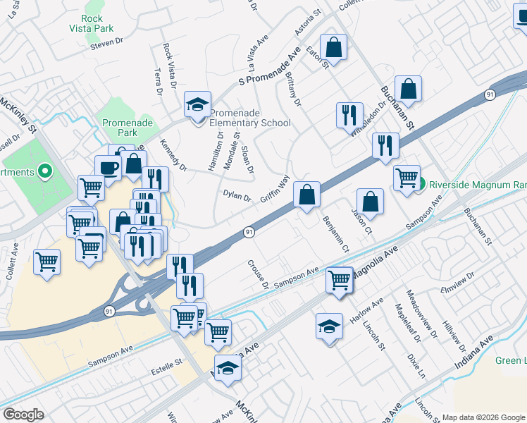 map of restaurants, bars, coffee shops, grocery stores, and more near 391 Berkley Circle in Corona