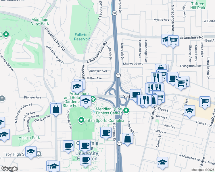 map of restaurants, bars, coffee shops, grocery stores, and more near 2684 Milton Avenue in Fullerton