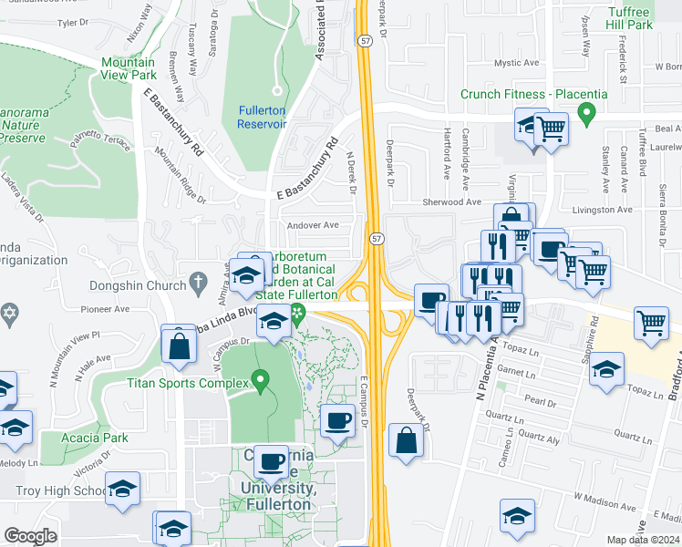 map of restaurants, bars, coffee shops, grocery stores, and more near 2684 Milton Avenue in Fullerton