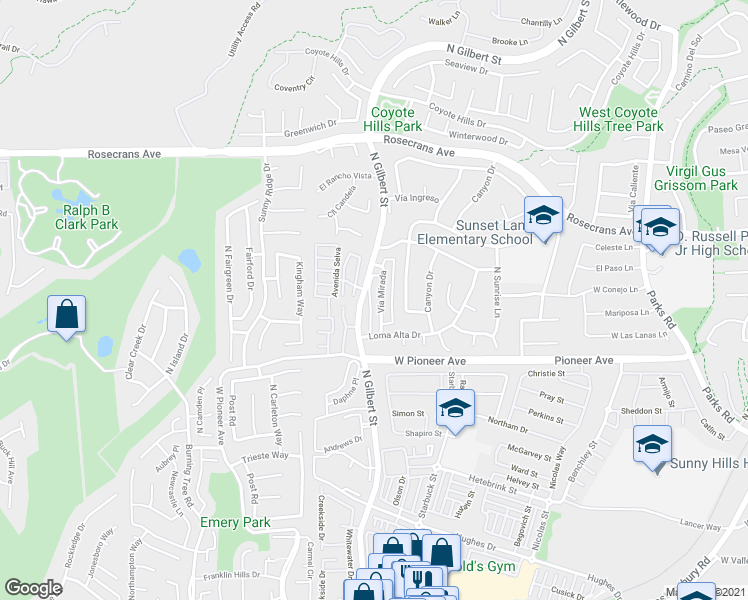 map of restaurants, bars, coffee shops, grocery stores, and more near 1727 North Gilbert Street in Fullerton
