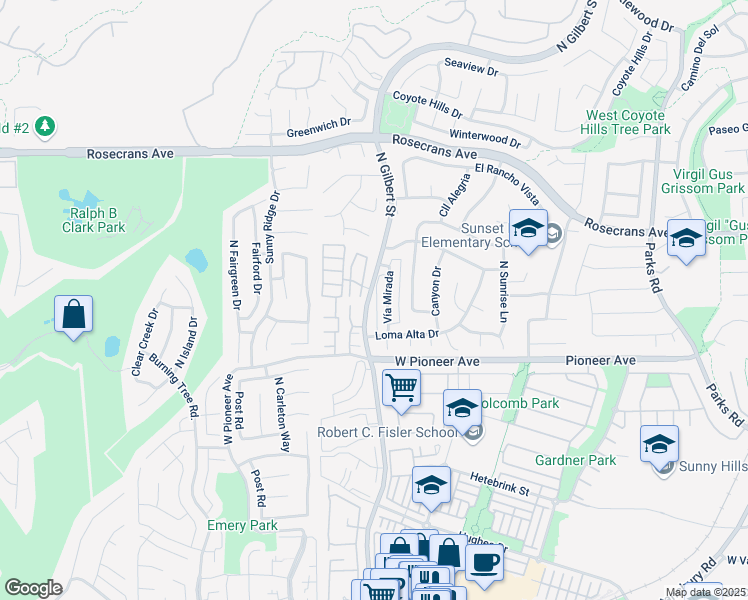 map of restaurants, bars, coffee shops, grocery stores, and more near 1727 North Gilbert Street in Fullerton