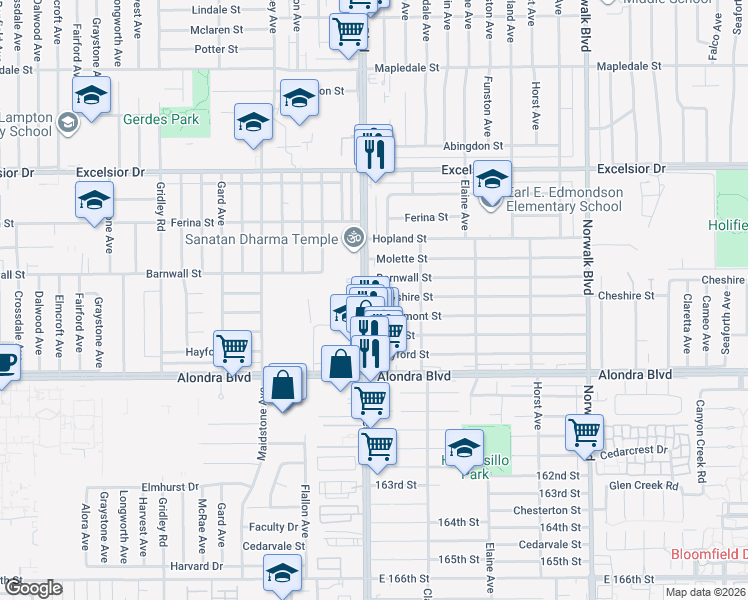 map of restaurants, bars, coffee shops, grocery stores, and more near 11826 Barnwall Street in Norwalk