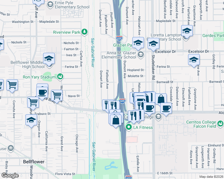 map of restaurants, bars, coffee shops, grocery stores, and more near 15402 Piuma Avenue in Norwalk