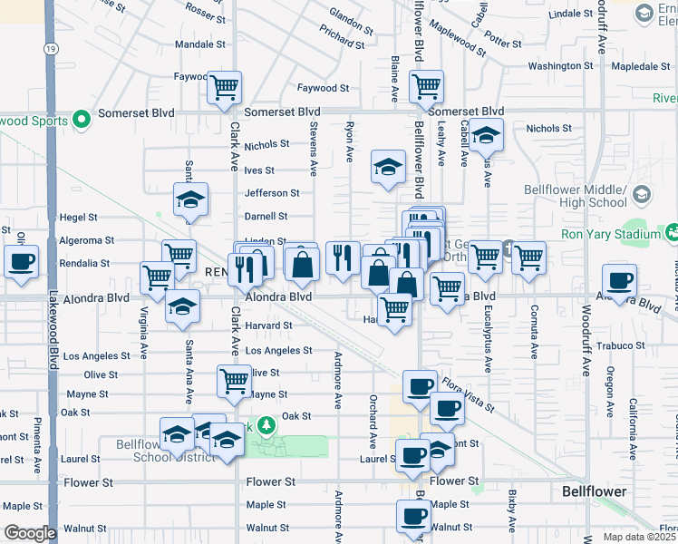 map of restaurants, bars, coffee shops, grocery stores, and more near 15716 Stevens Avenue in Bellflower