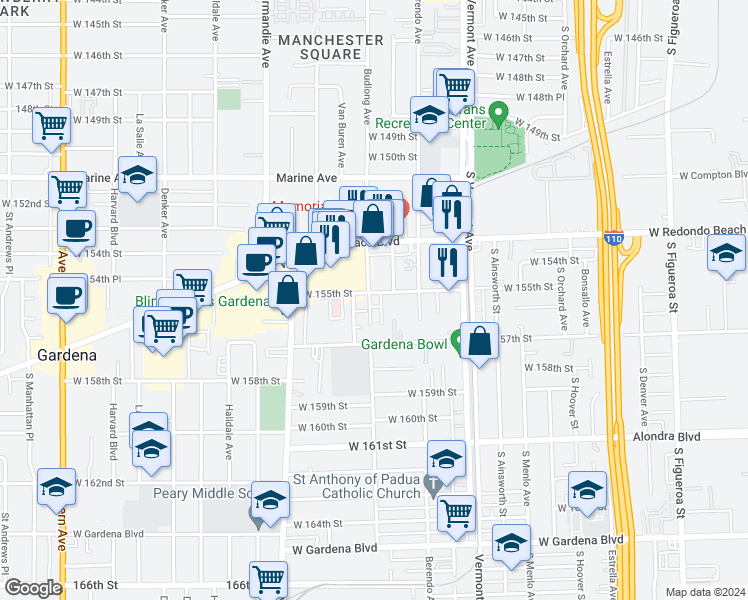 map of restaurants, bars, coffee shops, grocery stores, and more near 15428 South Budlong Avenue in Gardena