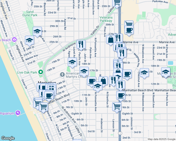 map of restaurants, bars, coffee shops, grocery stores, and more near 800 17th Street in Manhattan Beach