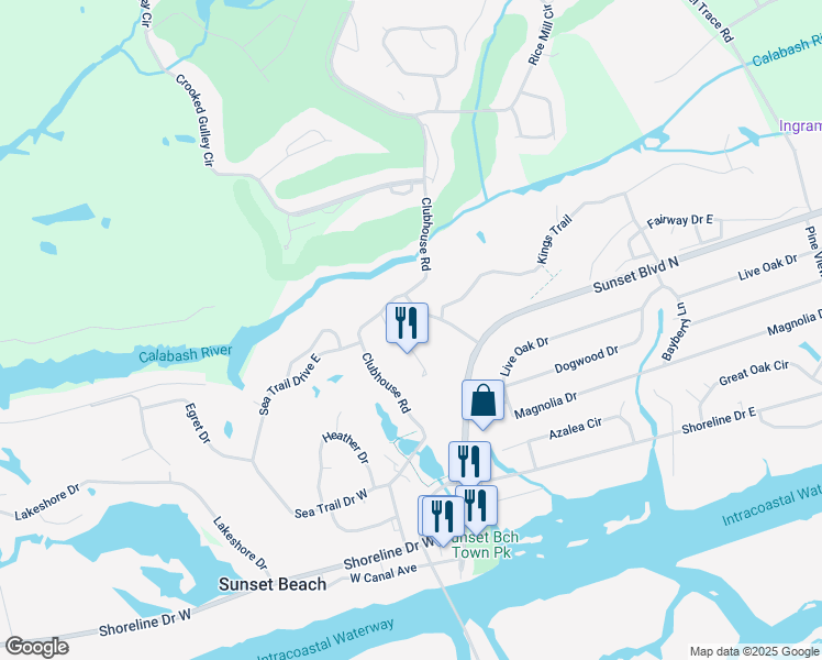 map of restaurants, bars, coffee shops, grocery stores, and more near 210 Clubhouse Road in Sunset Beach