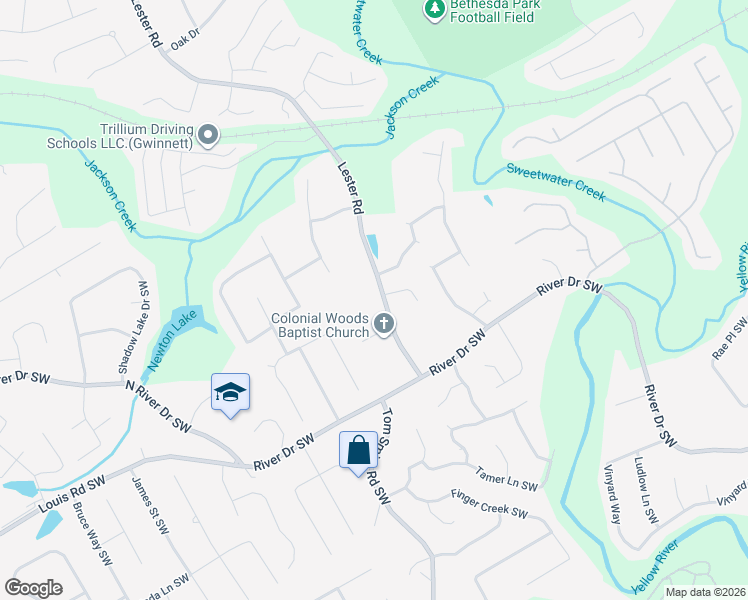 map of restaurants, bars, coffee shops, grocery stores, and more near 295 Lester Road Southwest in Lawrenceville