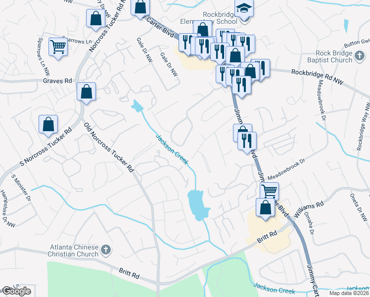 map of restaurants, bars, coffee shops, grocery stores, and more near 6337 Boyett Drive Northwest in Norcross