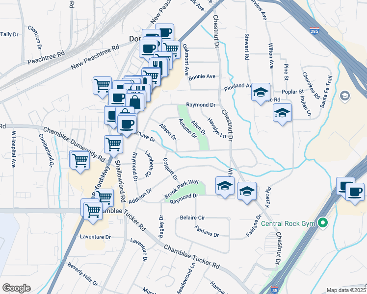 map of restaurants, bars, coffee shops, grocery stores, and more near 3433 Alison Drive in Doraville