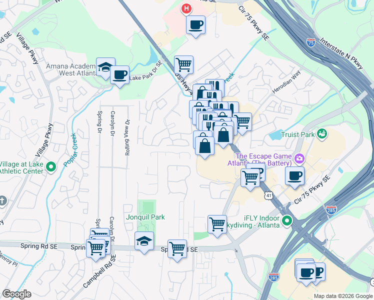 map of restaurants, bars, coffee shops, grocery stores, and more near 2053 Cobb Parkway Southeast in Smyrna