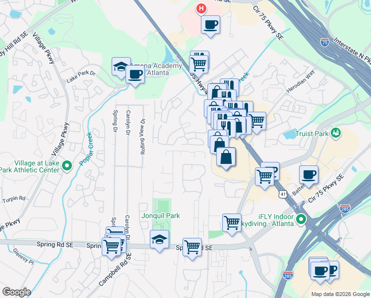 map of restaurants, bars, coffee shops, grocery stores, and more near 1304 Ridgecrest Lane Southeast in Smyrna