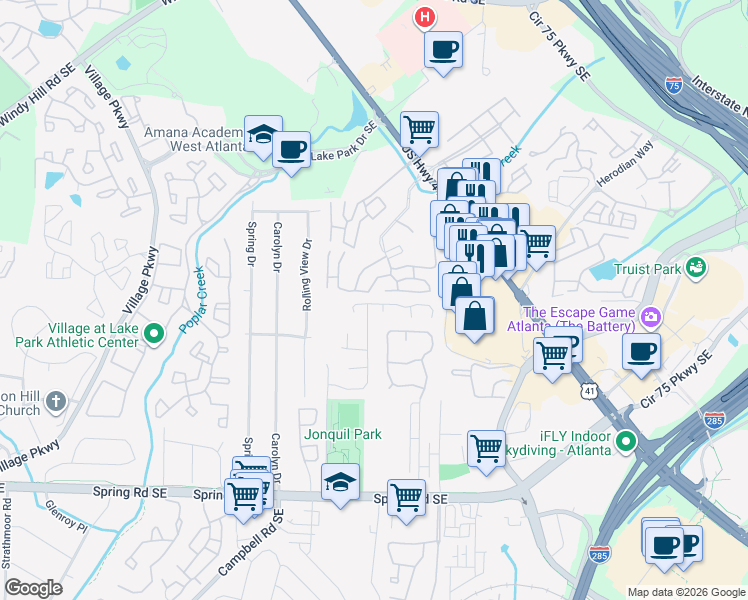 map of restaurants, bars, coffee shops, grocery stores, and more near 1304 Ridgecrest Lane Southeast in Smyrna