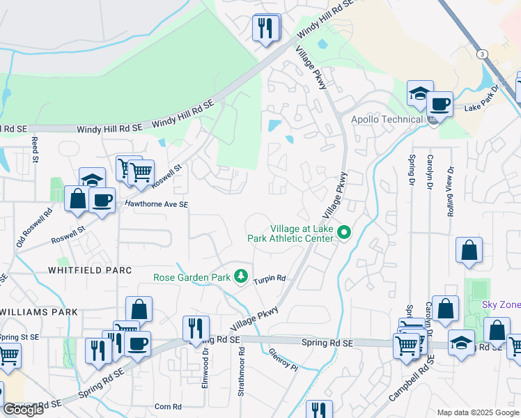 map of restaurants, bars, coffee shops, grocery stores, and more near 2554 Gordon Circle in Smyrna