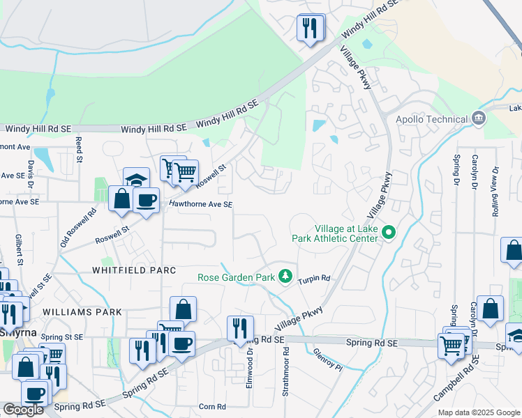 map of restaurants, bars, coffee shops, grocery stores, and more near 2565 Bates Street Southeast in Smyrna