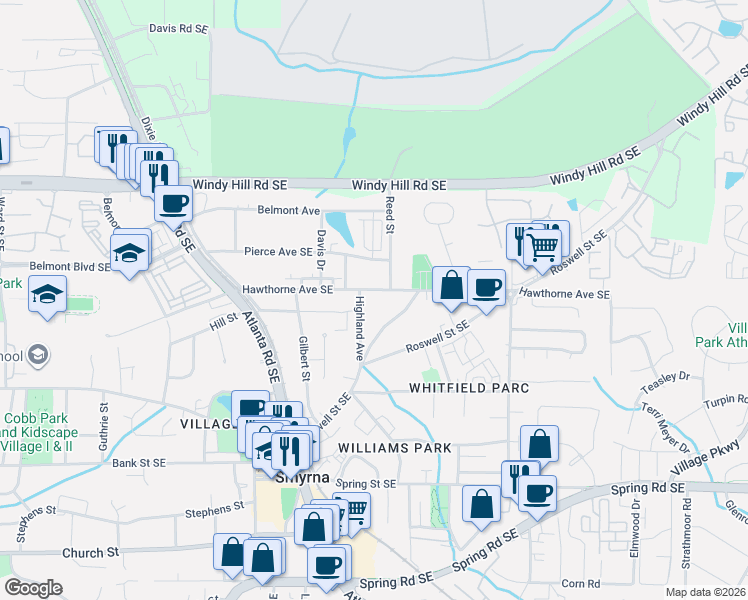 map of restaurants, bars, coffee shops, grocery stores, and more near 1432 Pierce Avenue Southeast in Smyrna