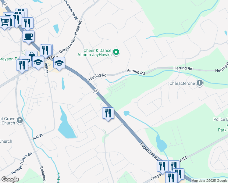 map of restaurants, bars, coffee shops, grocery stores, and more near 278 Mission Oak Drive Southeast in Grayson
