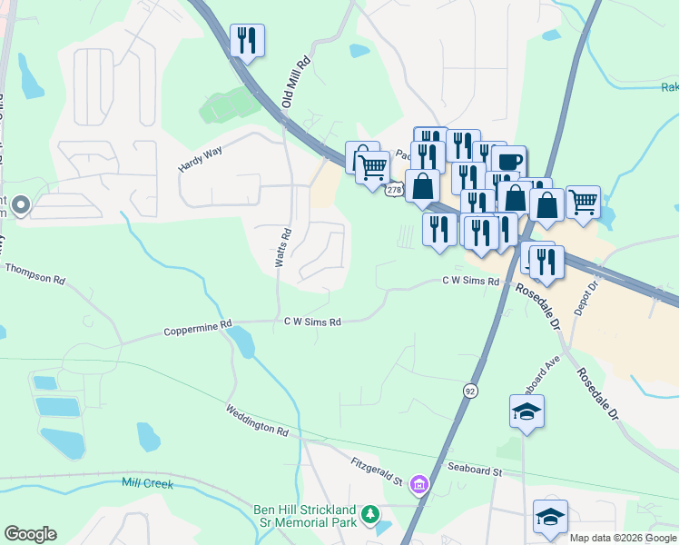 map of restaurants, bars, coffee shops, grocery stores, and more near 172 Venture Path in Hiram