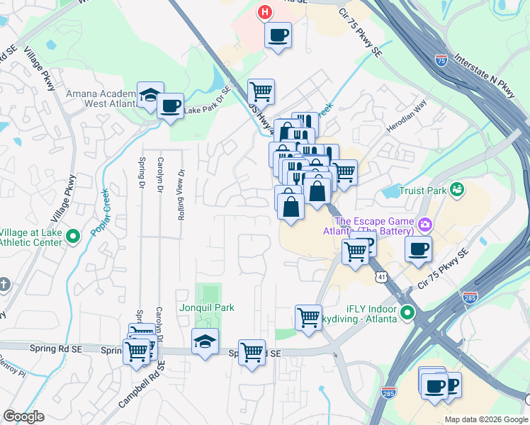 map of restaurants, bars, coffee shops, grocery stores, and more near 2053 Cobb Parkway Southeast in Smyrna