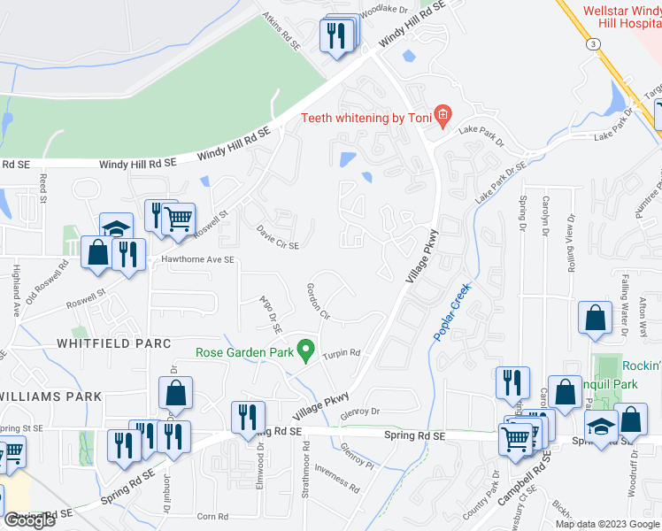 map of restaurants, bars, coffee shops, grocery stores, and more near 2554 Gordon Circle in Smyrna