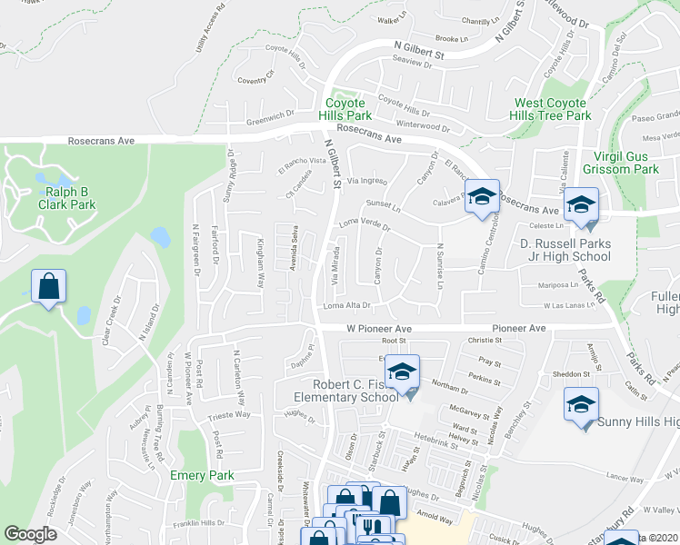 map of restaurants, bars, coffee shops, grocery stores, and more near 1648 Vía Mirada in Fullerton