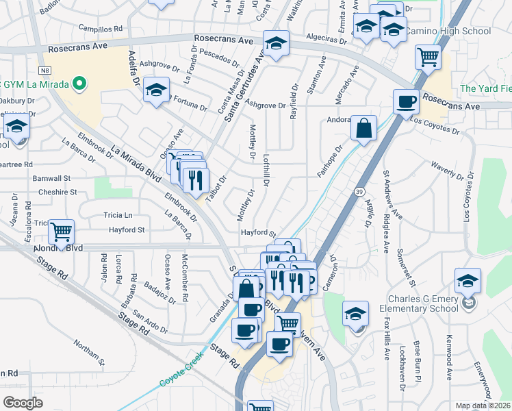 map of restaurants, bars, coffee shops, grocery stores, and more near 15324 Mottley Drive in La Mirada
