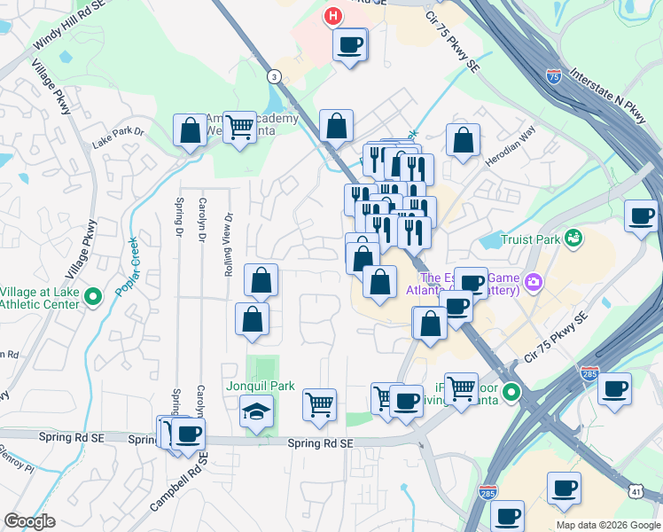 map of restaurants, bars, coffee shops, grocery stores, and more near 1232 Ridgecrest Lane Southeast in Smyrna