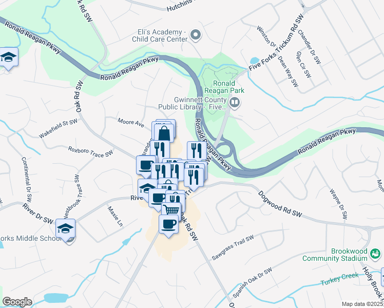 map of restaurants, bars, coffee shops, grocery stores, and more near 2899 Five Forks Trickum Road Southwest in Lawrenceville