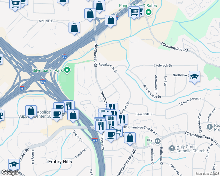 map of restaurants, bars, coffee shops, grocery stores, and more near 3409 Heartwood Lane in Atlanta