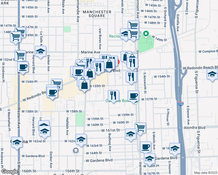 map of restaurants, bars, coffee shops, grocery stores, and more near 15428 South Budlong Avenue in Gardena