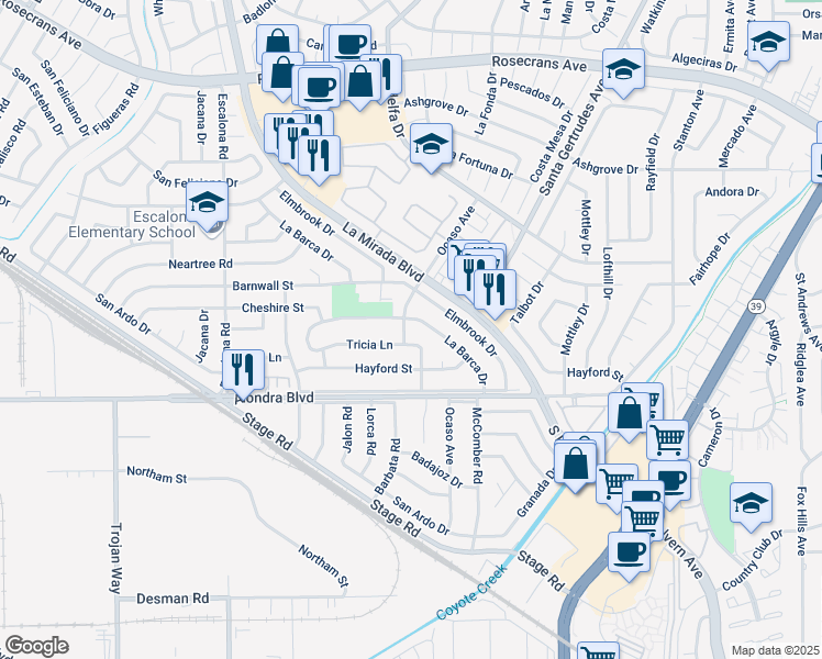 map of restaurants, bars, coffee shops, grocery stores, and more near 15445 Ocaso Avenue in La Mirada