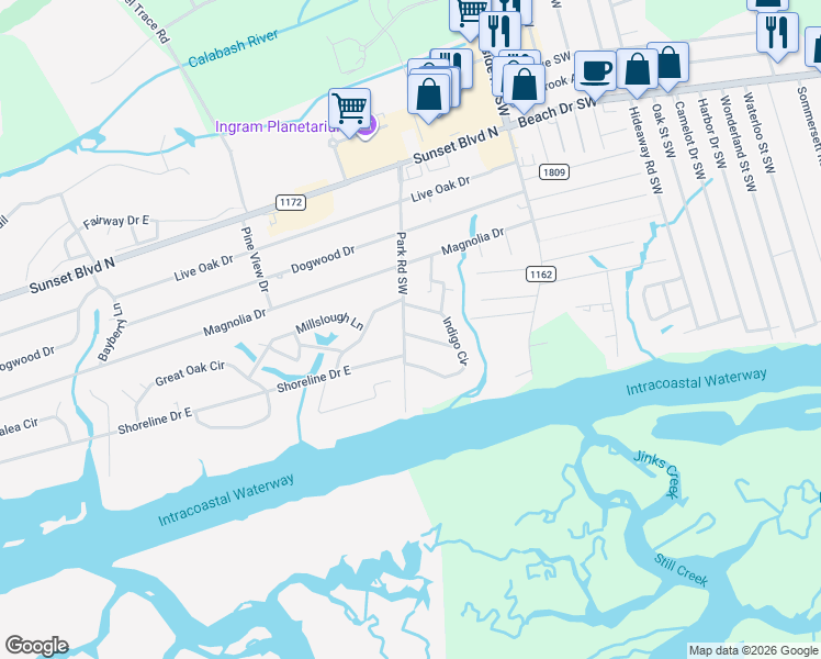 map of restaurants, bars, coffee shops, grocery stores, and more near 1102 Indigo Circle in Sunset Beach