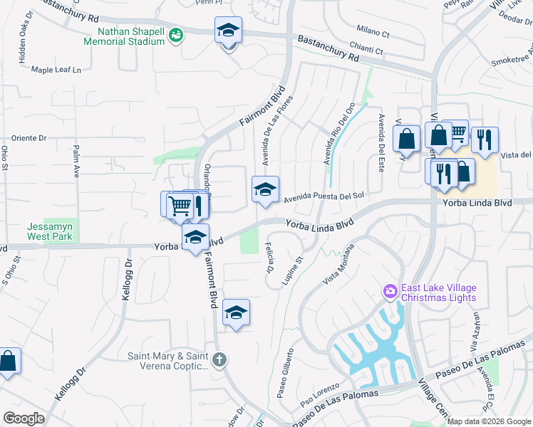 map of restaurants, bars, coffee shops, grocery stores, and more near 19901 Yorba Linda Boulevard in Yorba Linda