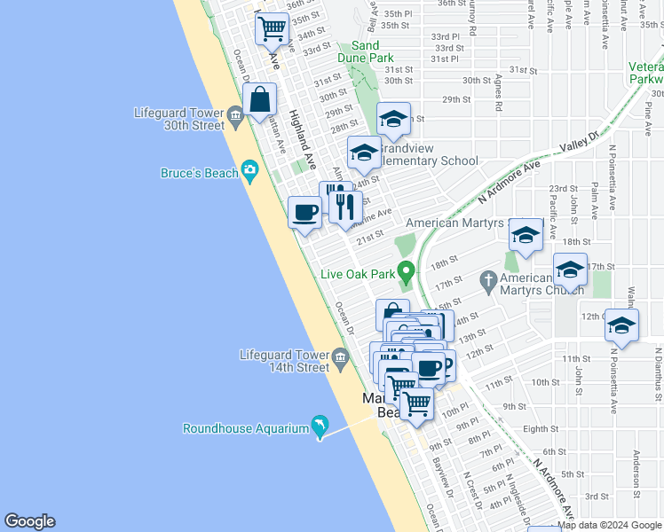 map of restaurants, bars, coffee shops, grocery stores, and more near 129 20th Street in Manhattan Beach