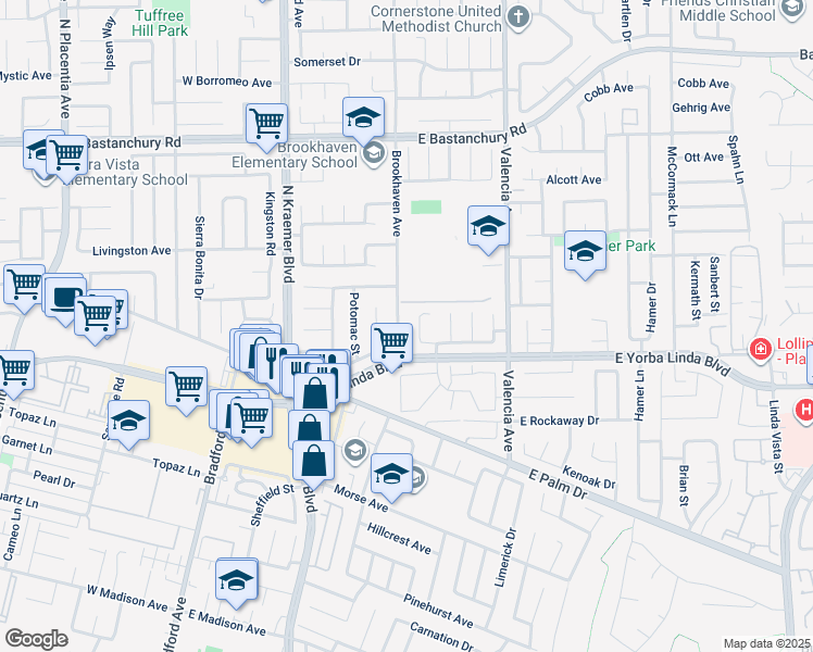 map of restaurants, bars, coffee shops, grocery stores, and more near 1526 Brookhaven Avenue in Placentia