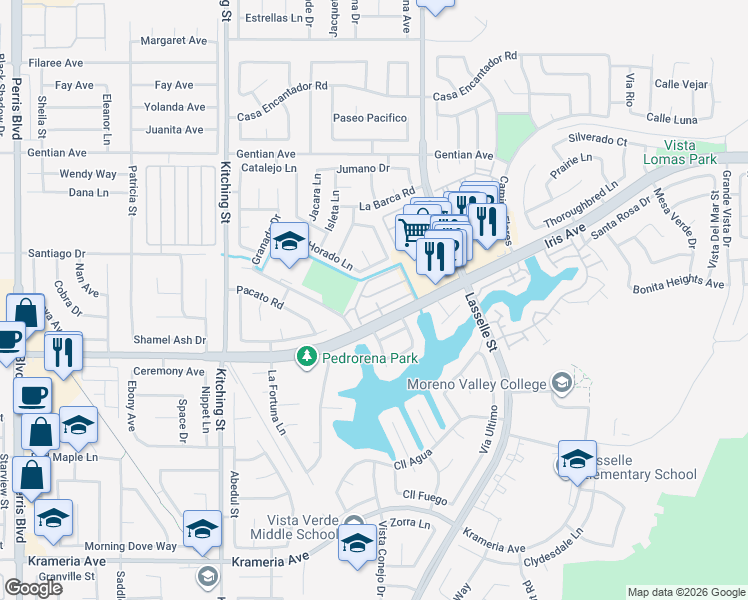 map of restaurants, bars, coffee shops, grocery stores, and more near 25852 Iris Avenue in Moreno Valley
