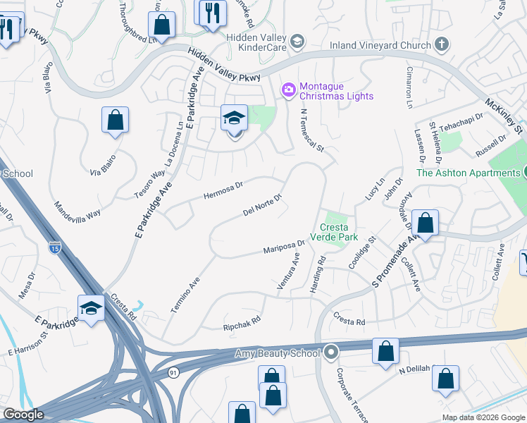 map of restaurants, bars, coffee shops, grocery stores, and more near 1492 Del Norte Drive in Corona