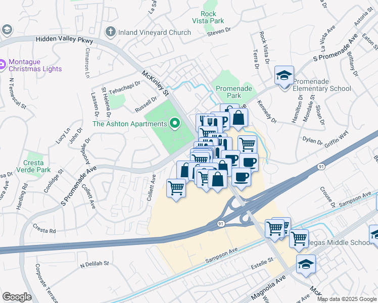 map of restaurants, bars, coffee shops, grocery stores, and more near 2155 Highpointe Drive in Corona