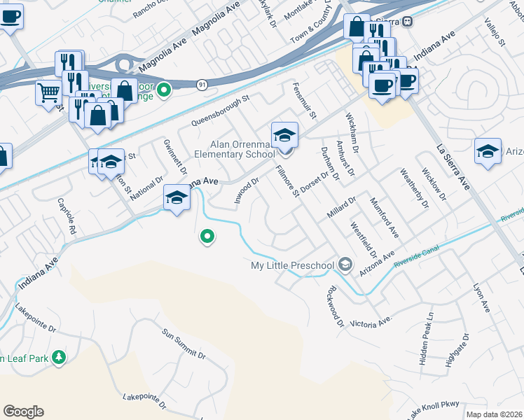 map of restaurants, bars, coffee shops, grocery stores, and more near 3330 Fanwood Court in Riverside