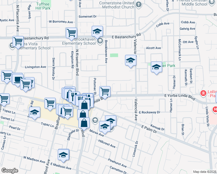 map of restaurants, bars, coffee shops, grocery stores, and more near 1526 Brookhaven Avenue in Placentia