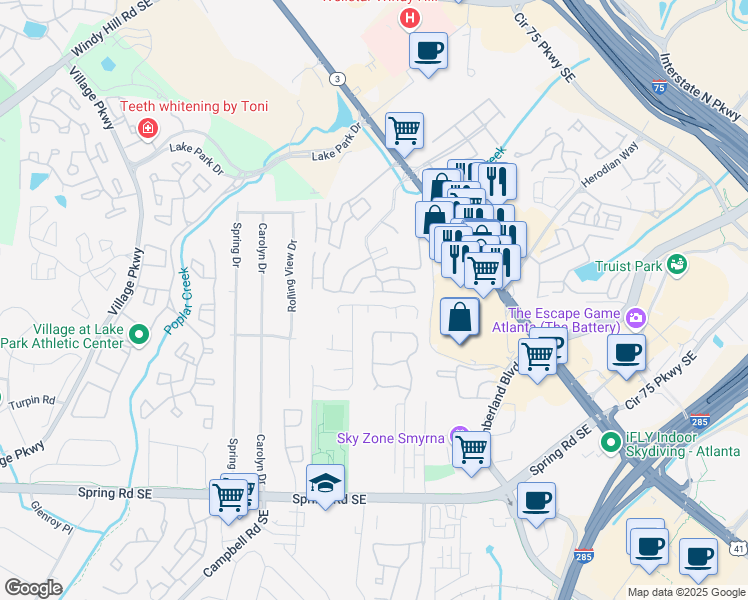 map of restaurants, bars, coffee shops, grocery stores, and more near 1304 Ridgecrest Lane Southeast in Smyrna
