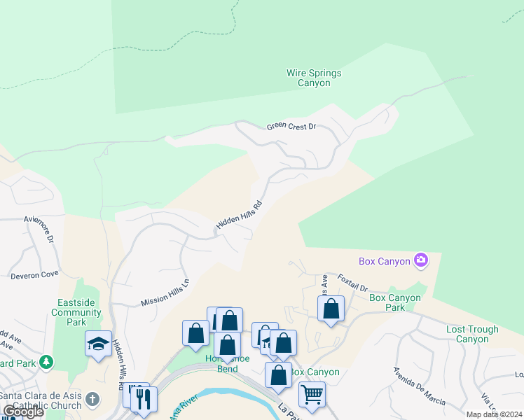 map of restaurants, bars, coffee shops, grocery stores, and more near 22640 Hidden Hills Road in Yorba Linda