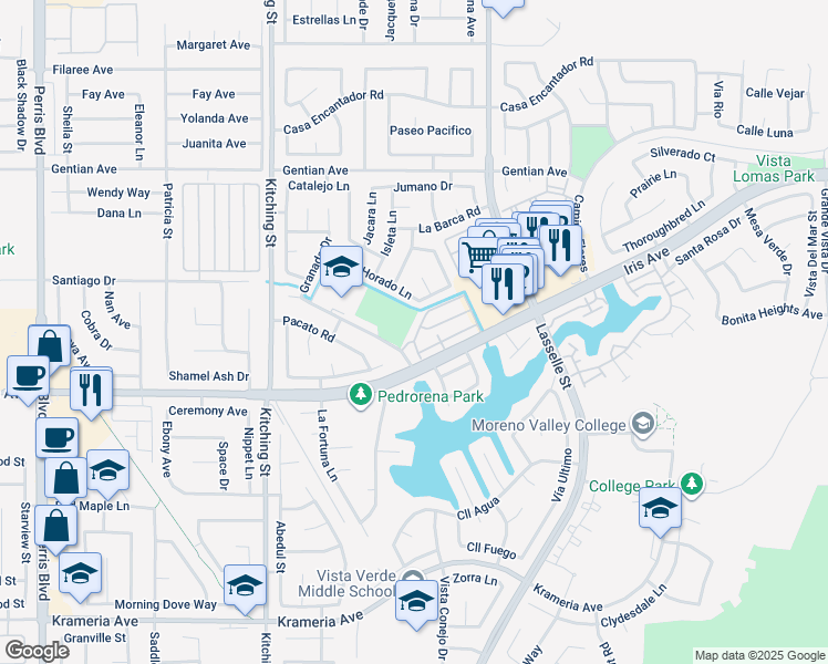 map of restaurants, bars, coffee shops, grocery stores, and more near 25840 Iris Avenue in Moreno Valley