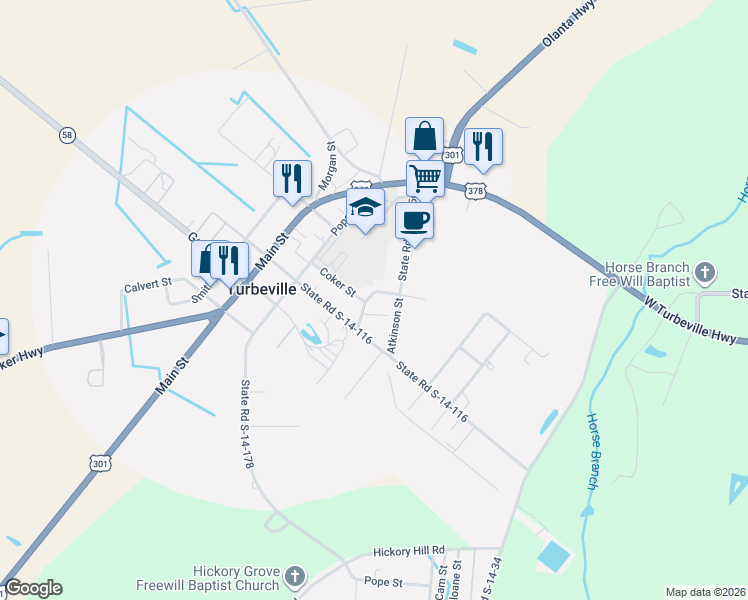 map of restaurants, bars, coffee shops, grocery stores, and more near 1254 Atkinson Street in Turbeville
