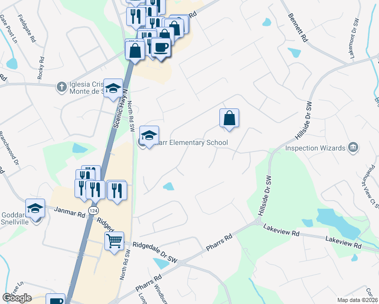 map of restaurants, bars, coffee shops, grocery stores, and more near 1515 Natchez Way in Grayson