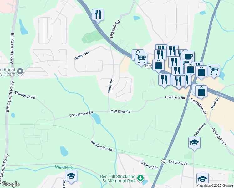 map of restaurants, bars, coffee shops, grocery stores, and more near 179 Prospect Path in Hiram