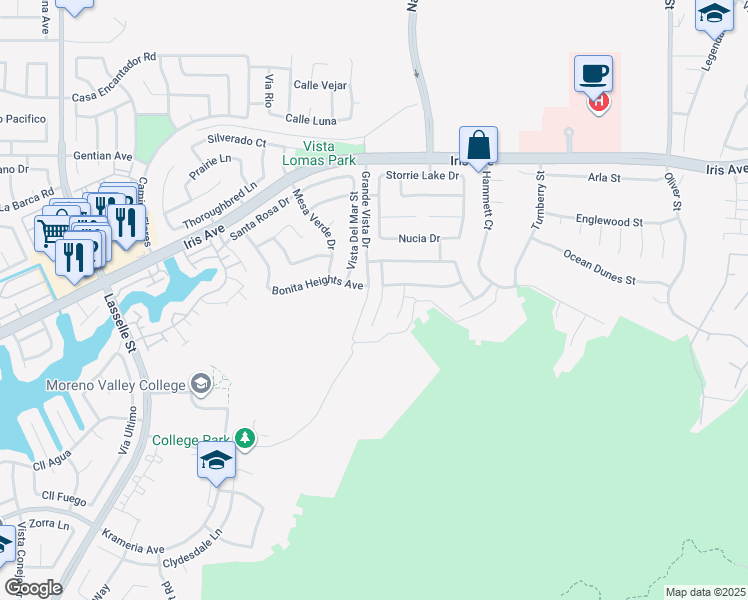 map of restaurants, bars, coffee shops, grocery stores, and more near 15851 Sulphur Springs Road in Moreno Valley