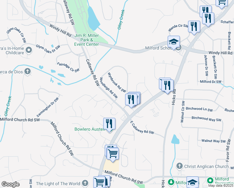 map of restaurants, bars, coffee shops, grocery stores, and more near 1141 Wynbrook Road Southwest in Marietta